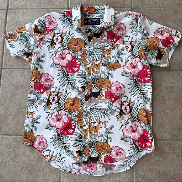 HOT TOPIC Men’s Size 2X Shirt Hawaiian Style Corgi Dog Print - Picture 4 of 9